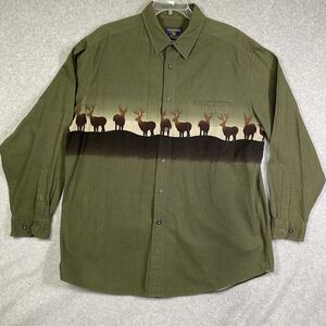 Woolrich Mens Sz 2XL Green Long Sleeve Button Down Graphic Deer Print Shirt